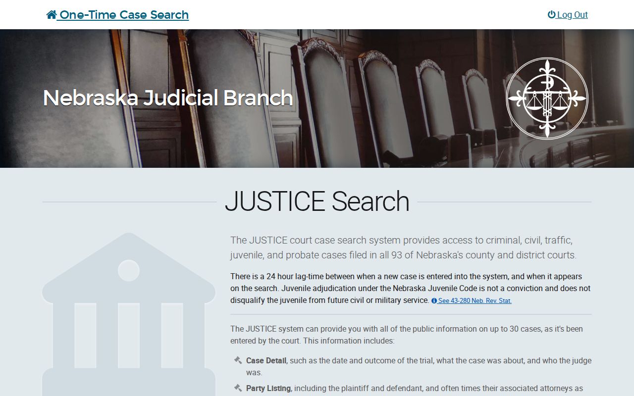 Johnson County case lookup Nebraska JUSTICE one-time search access