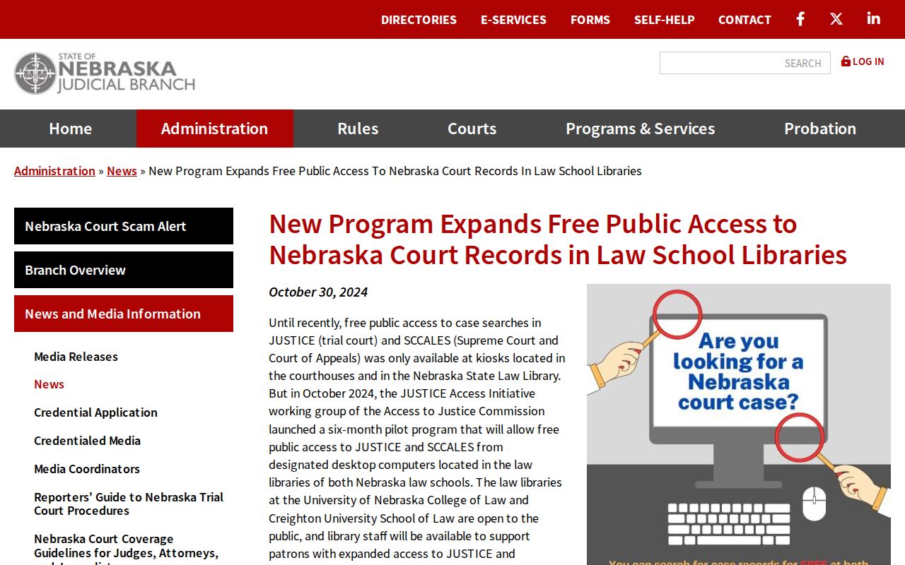 Cook court docket image of official Nebraska free public court records access information