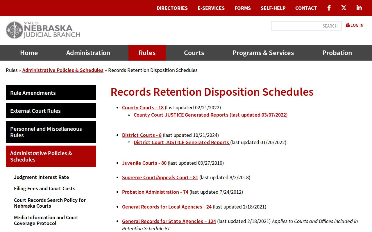 Cook court docket image of official Nebraska court records retention schedules