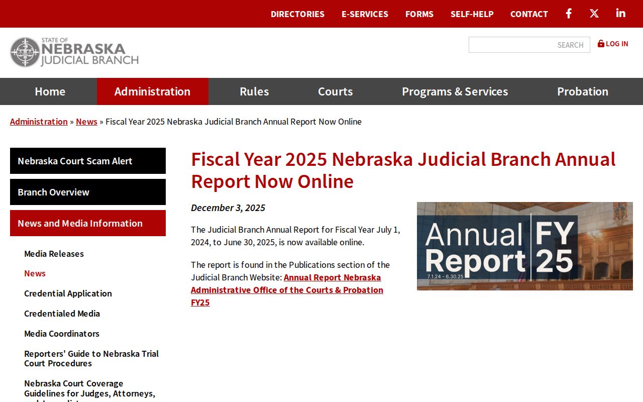Cook court docket image of the official Nebraska Judicial Branch annual report announcement