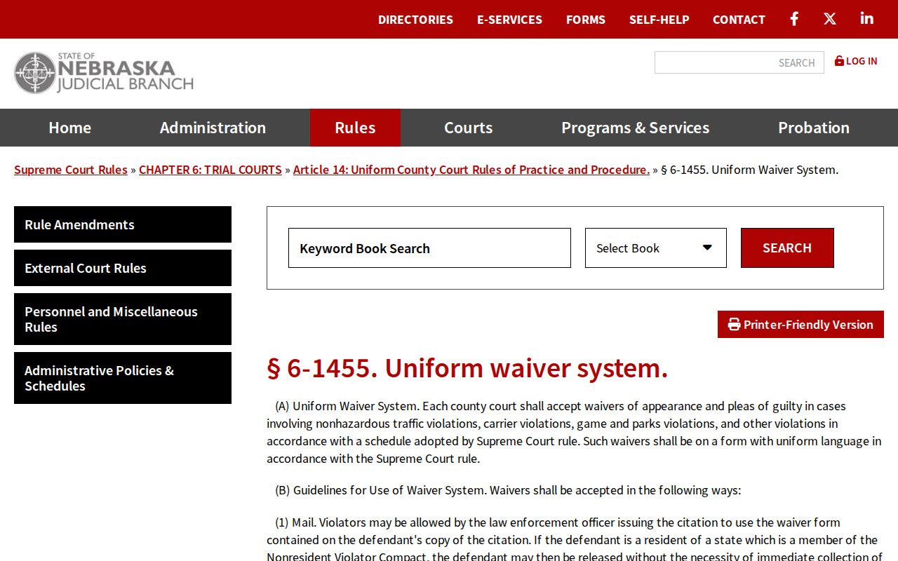 Cook court docket image of the official Nebraska uniform traffic waiver rule