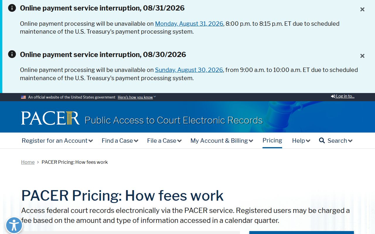 Crab Orchard court docket comparison image of official PACER fee information