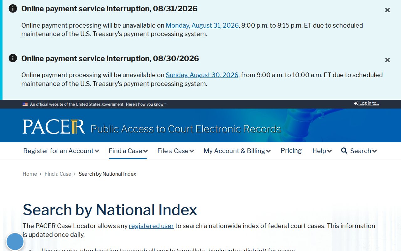 Crab Orchard court docket comparison image of the official federal PACER Case Locator