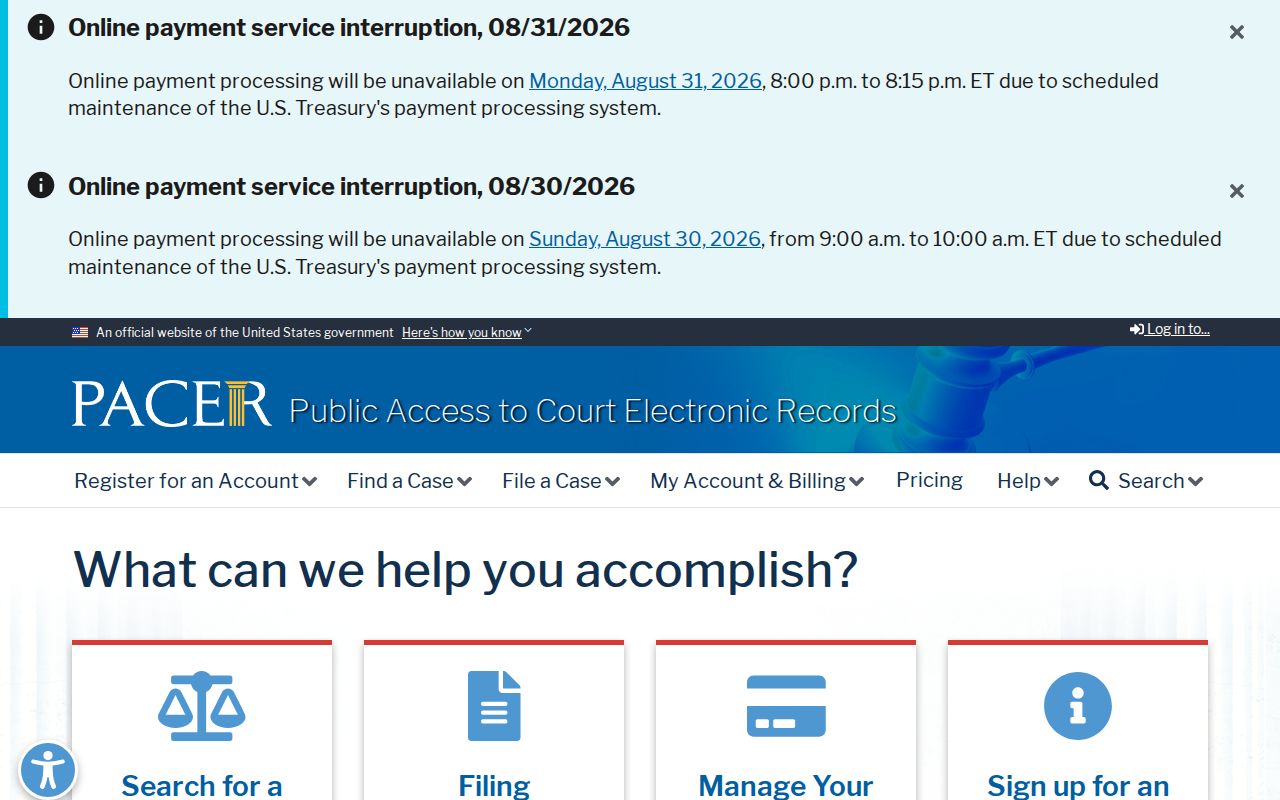 Elk Creek court docket comparison image of the official federal PACER case information service