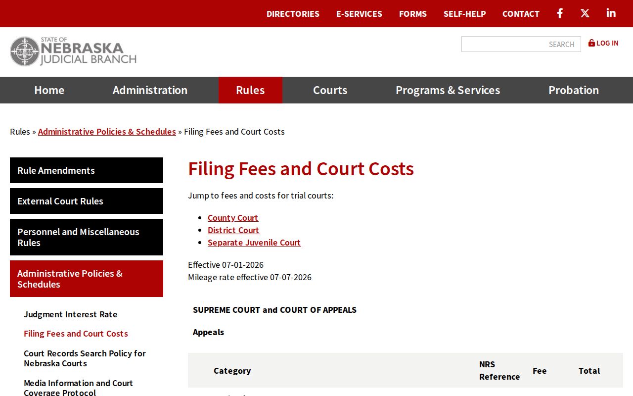 Sterling court docket image of official Nebraska filing fees and court costs information